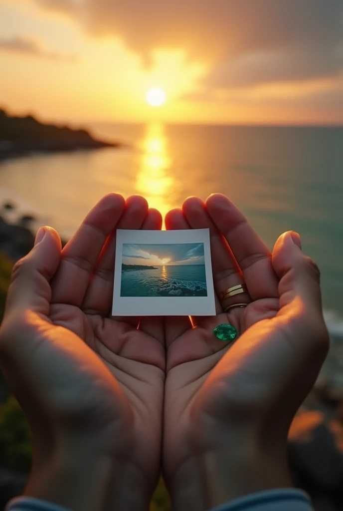 Laptop wallpaper of Enclose with both hands、photograph、Emerald、With the sunset on the coast as a backdrop