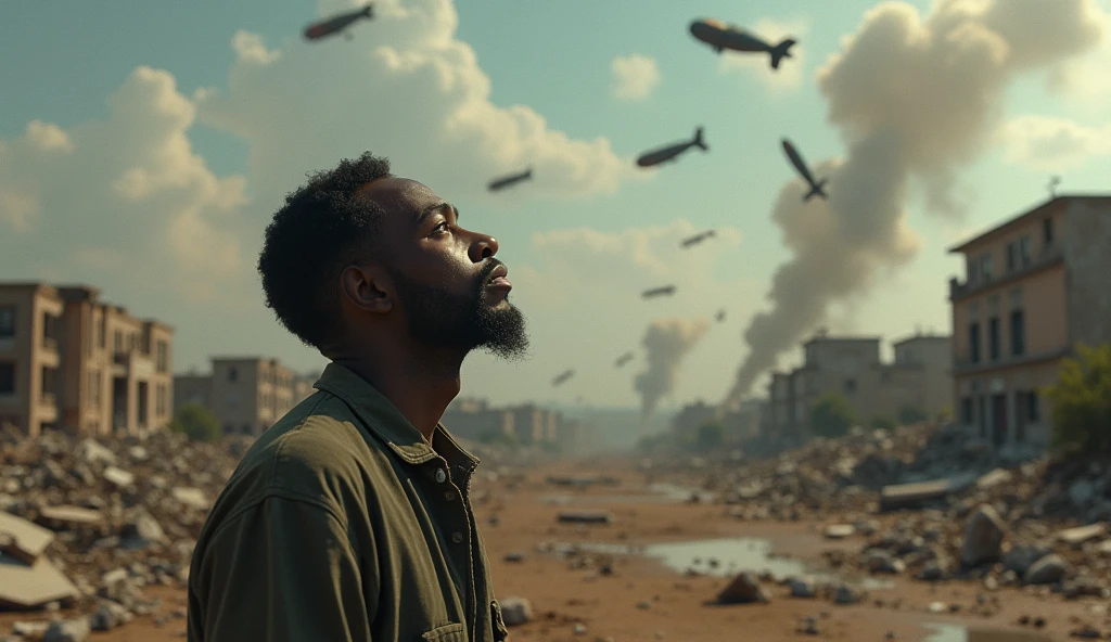 2024; (masterpiece, best quality) destroyed city (Luanda)1sad man looking up(close-up); bombs falling from the sky.