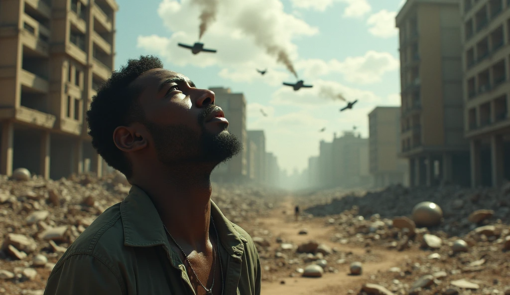 2024; (masterpiece, best quality) destroyed city (Luanda)1sad man looking up(close-up); bombs falling from the sky.