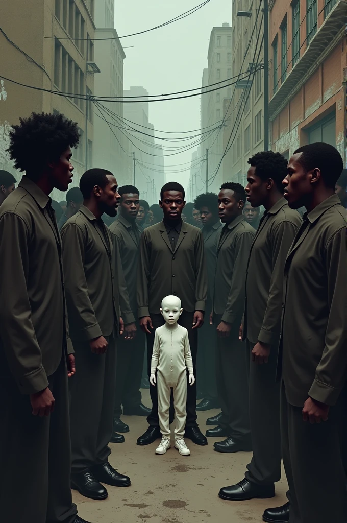 Black people surround a white person