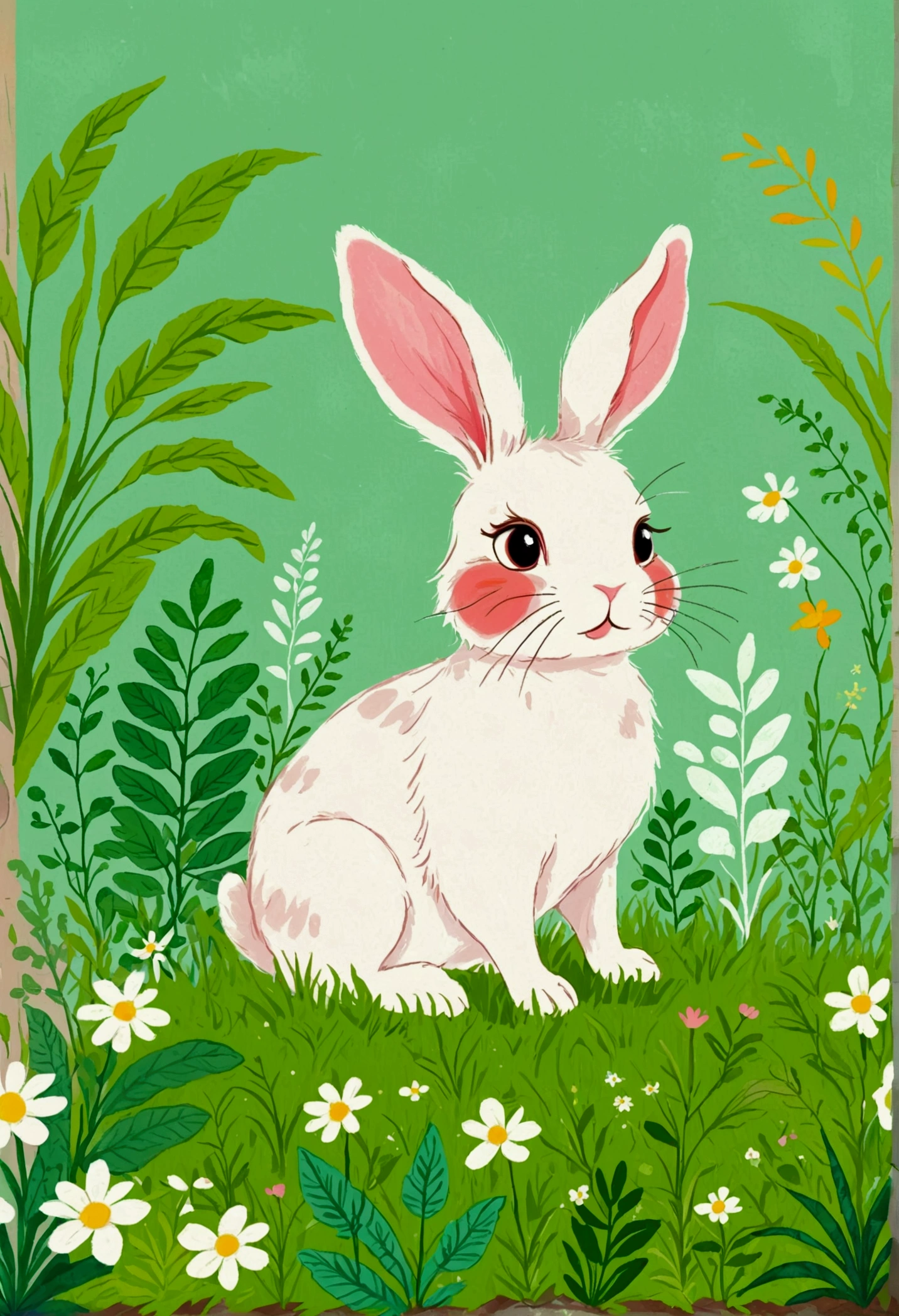 Illustration of a rabbit with a green patch of grass and plants, Digital Art by Relja Penezic, shutter, Furry Art, Rabbit and plants, Rabbit design, Illustration of a rabbit, Drawn in a whimsical style, Colorfull illustration, Cute illustrations,