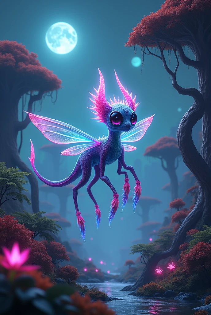 On a lush, alien planet with vibrant, bioluminescent foliage, a unique and exotic creature roams. This animal, called the "Lumivor," is a six-legged, sleek-bodied being with iridescent scales that shift colors depending on its mood. It has a long, serpentine tail that ends in a cluster of glowing tendrils, used to lure prey. The Lumivor's head is adorned with a crown of crystal-like horns that emit a soft light, and its eyes are large, reflective, and multi-faceted, resembling the surface of a precious gemstone. The creature's wings are thin and translucent, pulsating with light as it glides effortlessly through the dense, humid atmosphere. Surrounding it is an otherworldly environment with towering, twisted trees and floating islands bathed in the soft glow of three moons visible in the sky.