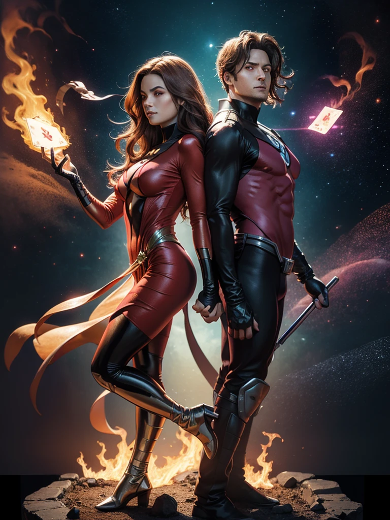 2 characters, 1girl, 1man, duo, BREAK: Gambit from X-men, Jean Grey from X-men, Gambit and Jean Grey stand back to back, BREAK: Gambit wears a bespoke tuxedo, holding "The Tower" Tarot card that glows with energy, smirking expression BREAK: Jean Grey wears a red bodycon dress, holding a modern heavy pistol made of flames, BREAK: they stand back-to-back in an action pose, they are set against a starry cosmic void with a swirl of energy at their feet, BREAK: 16k, award winning digital art, detailed faces, vivid colors, studio lighting, sharp focus, physically based rendering, detailed eyes, beautiful detailed hands, best hands, perfect hands, correct anatomy, human anatomy 