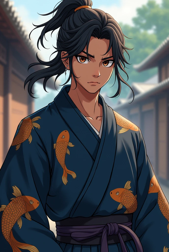Male character Teenager with brown skin and black hair pulled back, dark brown eyes, wearing a dark blue kimono with a gold fish print, demon slayer anime style