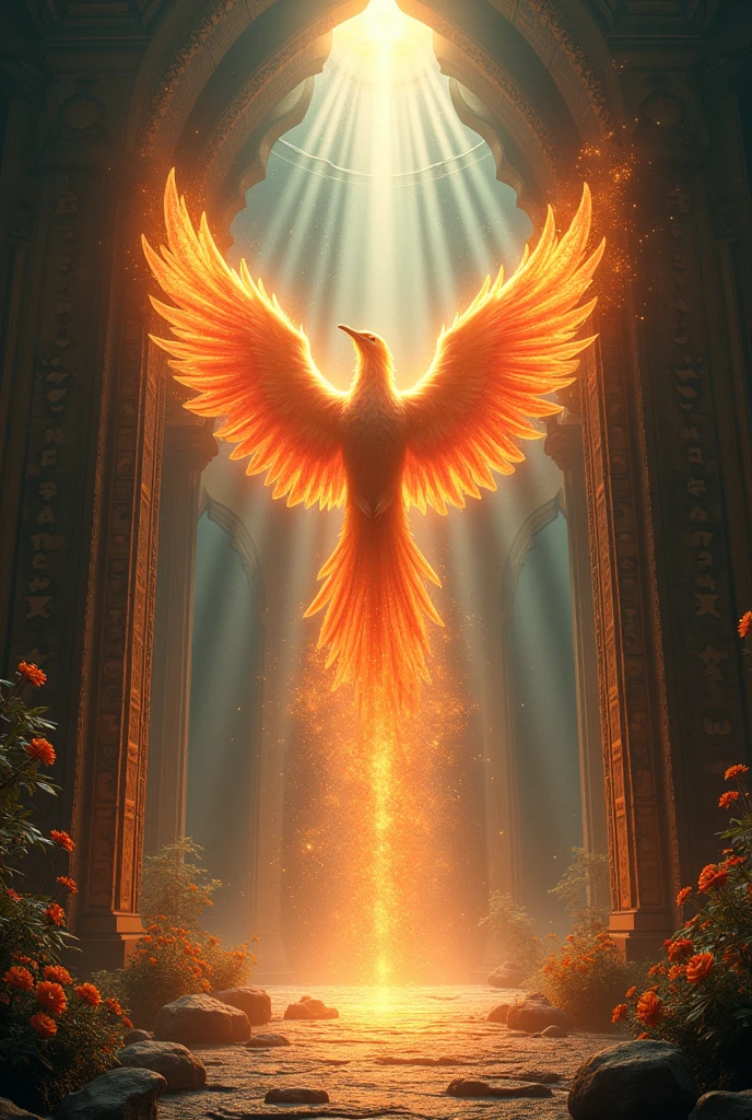 A powerful and serene image of a Phoenix ascending to the heavens from a sacred altar in an ancient temple. The Phoenix is bathed in radiant flames that light up the dark temple, which is adorned with intricate carvings and glowing runes. The sky above opens up with beams of divine light as the Phoenix soars upward, leaving a trail of sparks and embers. The surrounding area is filled with lush greenery and vibrant flowers that seem to bloom in the presence of the Phoenix, symbolizing the cycle of life, death, and rebirth. The atmosphere is mystical and uplifting, capturing the transcendence of the Phoenix’s journey.