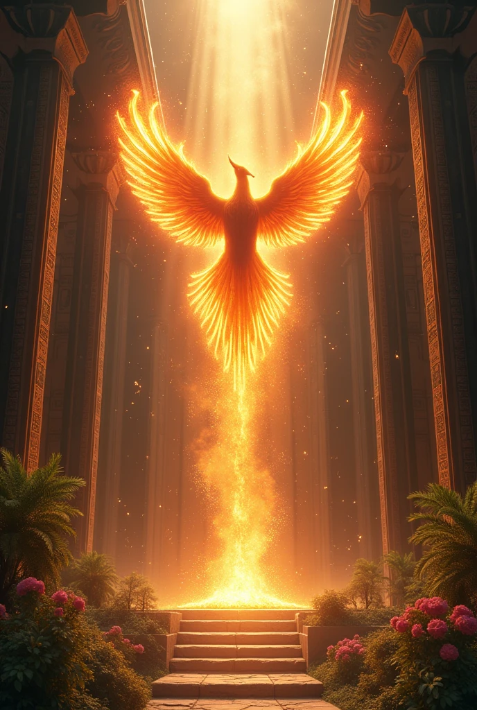 A powerful and serene image of a Phoenix ascending to the heavens from a sacred altar in an ancient temple. The Phoenix is bathed in radiant flames that light up the dark temple, which is adorned with intricate carvings and glowing runes. The sky above opens up with beams of divine light as the Phoenix soars upward, leaving a trail of sparks and embers. The surrounding area is filled with lush greenery and vibrant flowers that seem to bloom in the presence of the Phoenix, symbolizing the cycle of life, death, and rebirth. The atmosphere is mystical and uplifting, capturing the transcendence of the Phoenix’s journey.