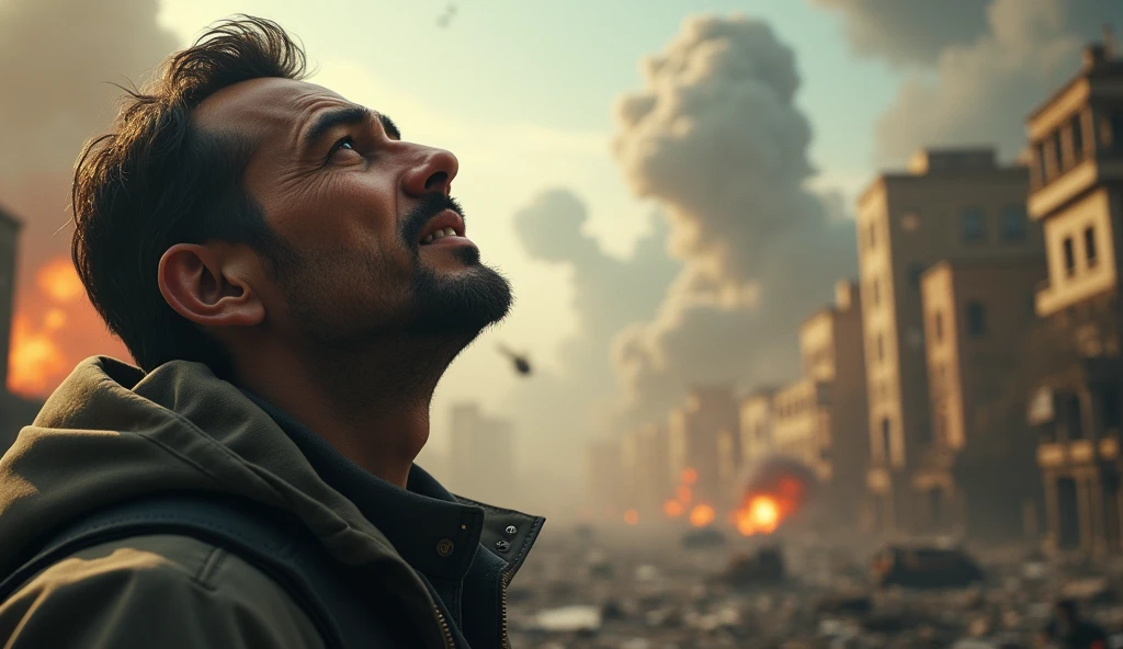 2024; (masterpiece, best quality) destroyed city (Bagdá)1sad man looking up(close-up); bombs falling from the sky.
