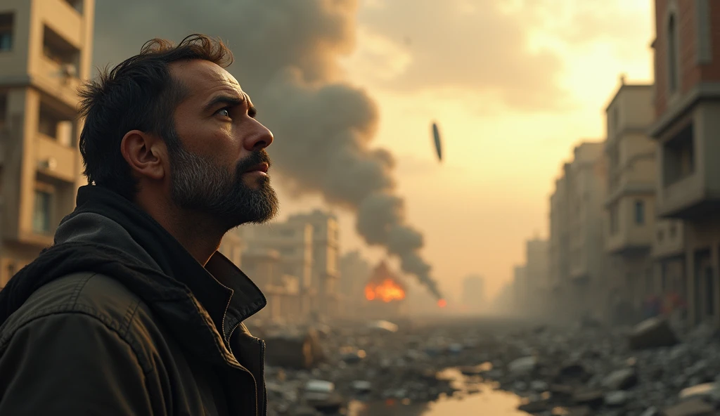 2024; (masterpiece, best quality) destroyed city (Bagdá)1sad man looking up(close-up); bombs falling from the sky.
