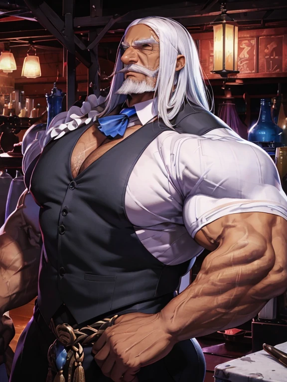 (magazine cover), with text, solo, 1boy, (Huge Muscular Old man as a businessman, wearing casual business shirt) (long white hair), mexican race, pectoral, abnormal muscle size, very big muscle, tan skin, (crotch bulge: 1.2), absurdly muscle size, huge pectoral, wide pectoral, (bara pecs: 1.4), short hair, short bearded, simple background, masterpiece, high detailed, 8k, high resolution, --style 250, -- v 6.0,  nose with pronounced bridge and outward curve that protrudes from the base of the nose, absurdly huge nose, hawk nose, big old man nose, convex nose,