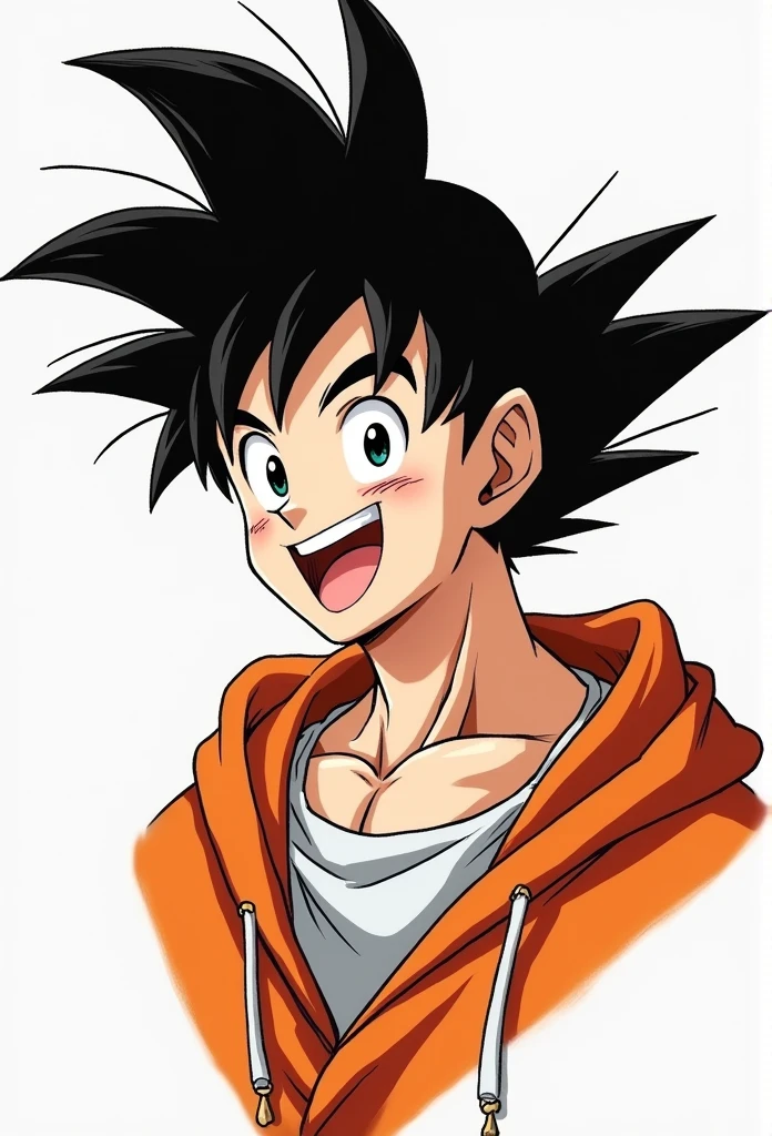 (Realistic,Realistic:1.37),Ultra-detailed,Detailed illustration of Goku(be familiar with,Emotional,Expressive,Features), Akira Toriyama, Sun Wukongの顔, Dragon Ball Z, Sun Wukong, White innerwear, Jedi Robe, Hooded Robe, Red Robe, Front opening robe, Put on the hood, Wear on the head, No muscle, Hide the head, Hands on hips, smile, smiling, Smile, smile, teeth, Diagonally from the side, Simple Background, White background