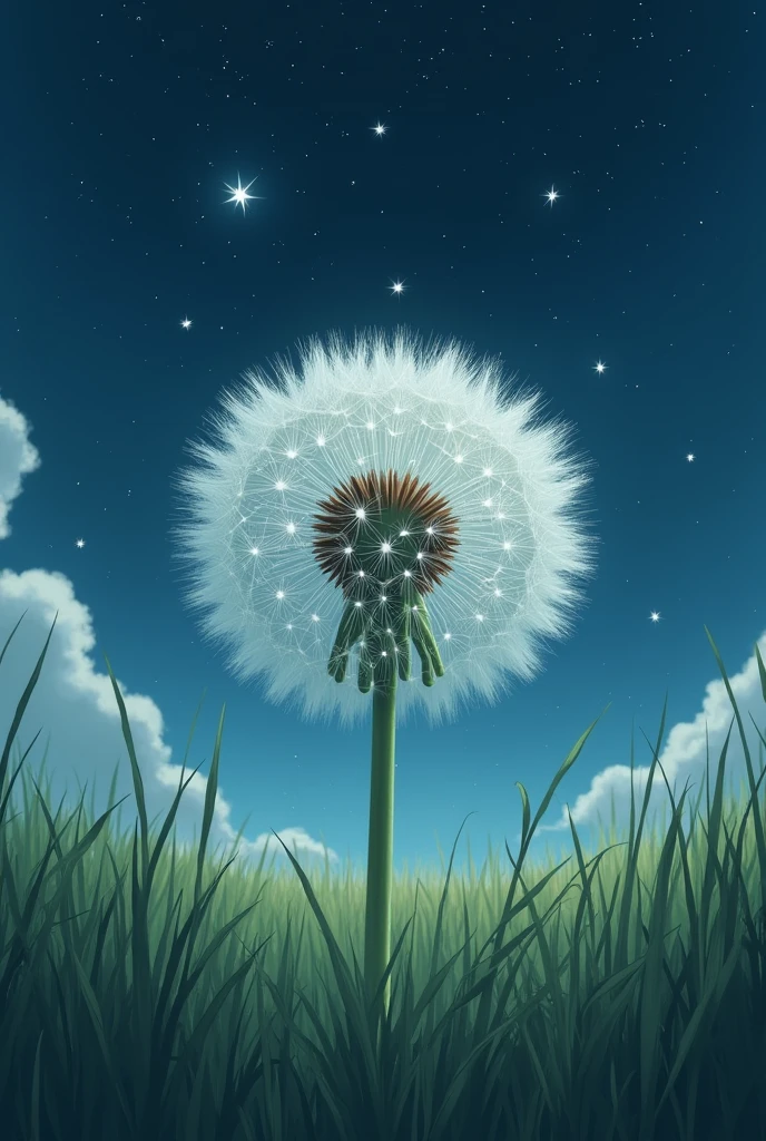 Studio Ghibli style, Symmetrical close-up of a huge dandelion seed head, Tender grass, Beautiful stars falling in the night sky.