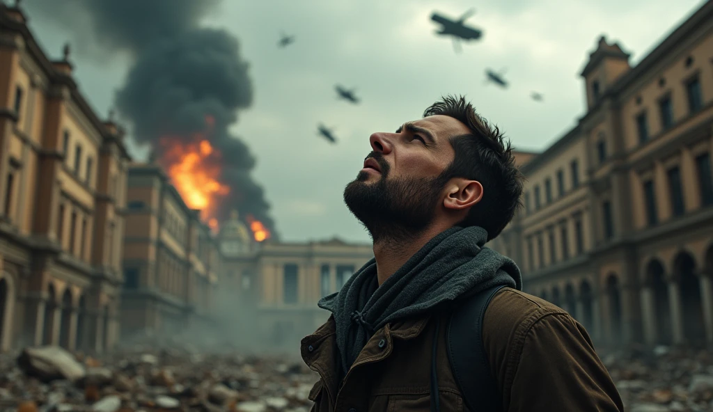 2024; (masterpiece, best quality) destroyed city (Roma)1sad man looking up(close-up); bombs falling from the sky.