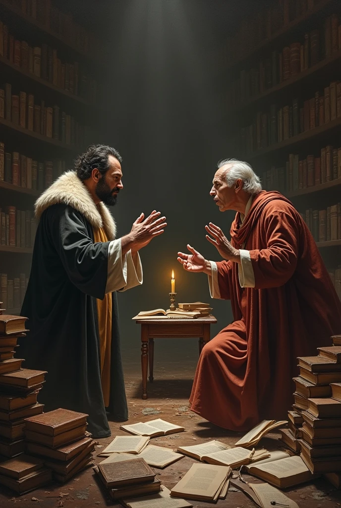 Sophomaniac arguing with genius philosopher, bundle of books around