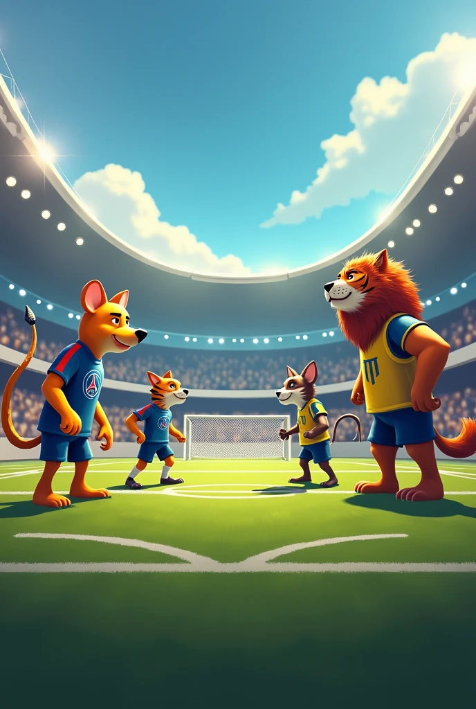 In a football match, psg vs real madrid, They face the mouse as an archer, the dog as forward and the lion as captain And on the other team is the tiger as goalkeeper The fox as forward and the cat as midfielder, and the image shows the entire court with both teams on it.