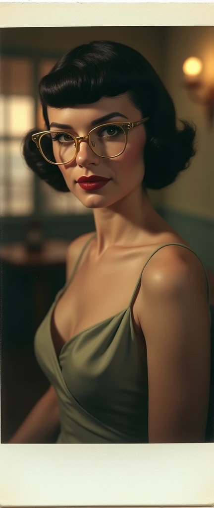 a woman, 1940s style, polaroid camera frame, sophisticated, trophy wife, femme fatale, female, formal dress, bangs hairstyle, formal posture, very exquisite, quaint, elegant, glasses, (best quality,4k,8k,highres,masterpiece:1.2),ultra-detailed,(realistic,photorealistic,photo-realistic:1.37),HDR,UHD,studio lighting,ultra-fine painting,sharp focus,physically-based rendering,extreme detail description,professional,vivid colors,bokeh,portraiture