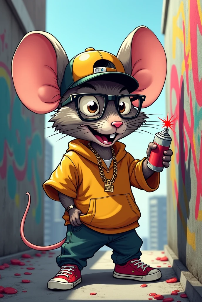 Create a cartoon style caricature of a mischievous mouse with glasses doing graffiti and put clothes on him like a rapper