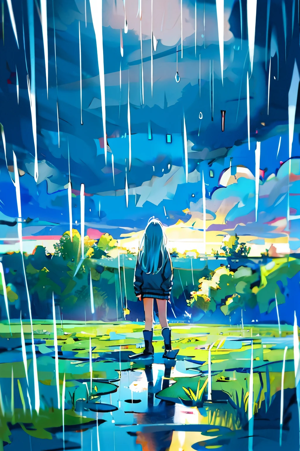 1girl in, long hair, middle of field, rain