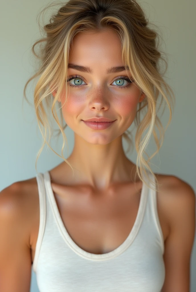 Blonde, girl, teen, low messy bun, big blue eyes, tan skin, upturned nose, close facial features, curved eyebrows, white tanktop