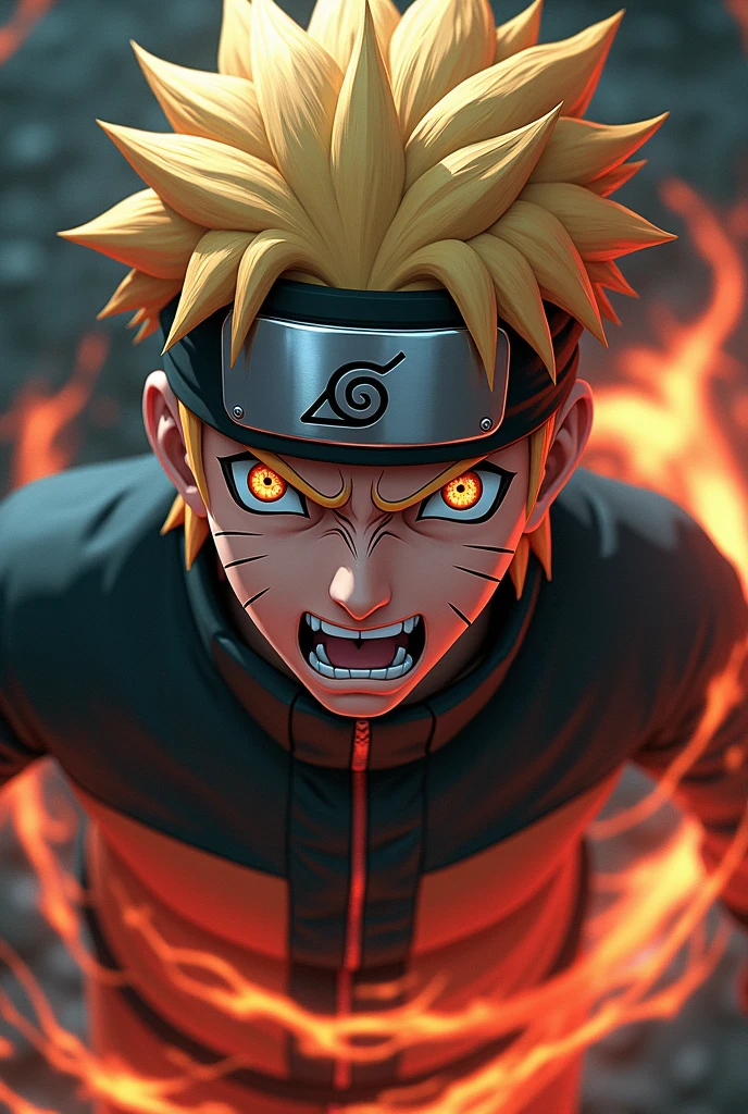 Toxic naruto with badass face with the chacara of nine tail fox over him