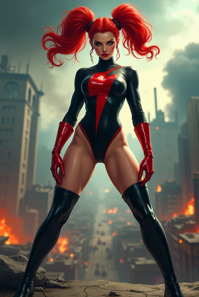 Show Night is a supervillain with bright red hair in puffy pigtails, green eyes, long lashes, freckles, and a strong jaw, she wears a black leotard with long sleeves and a red lightning bolt on her chest, long black boots and long red gloves, and a black domino mask. She has a muscular but feminine physique exuding great strength as well as beauty. show her hovering in mid air with her arms folded, looking down at the camera, the view should be from below looking up at her.