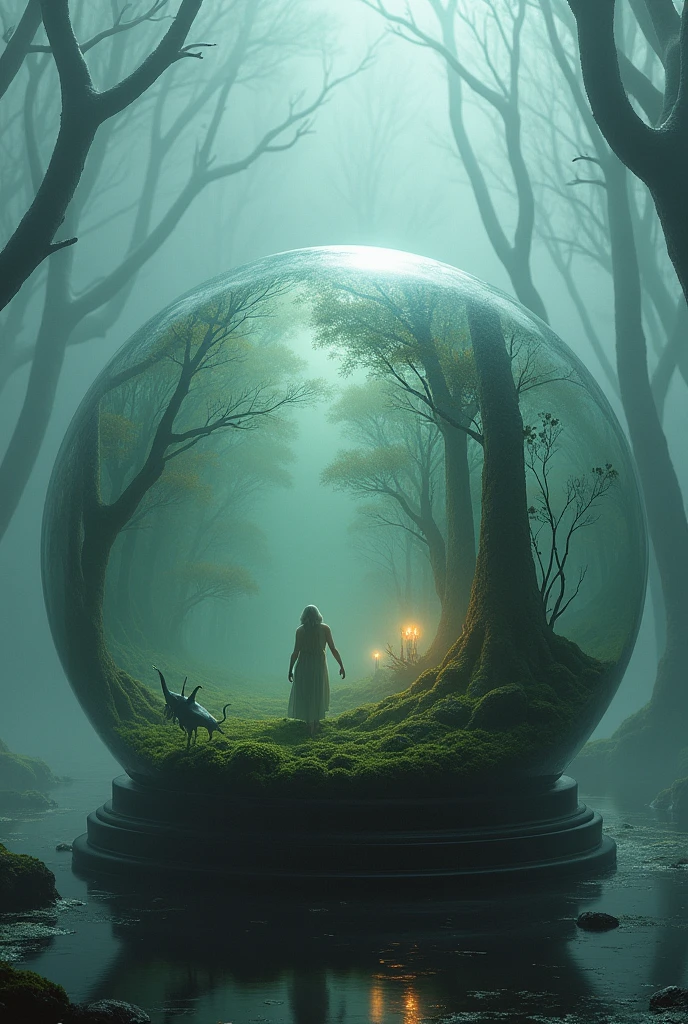 Glass globe, with a swampy kingdom inside and full of fog.