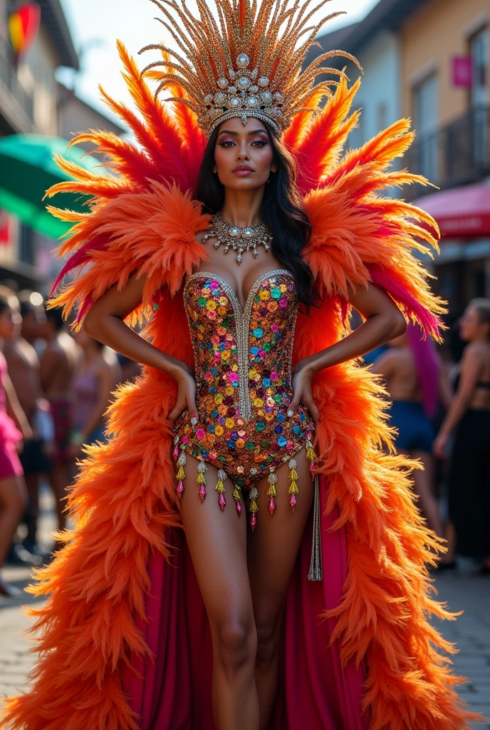 Design me a full-body Barranquilla carnival queen dress with lots of feathers and sequins in bright, bold colors 