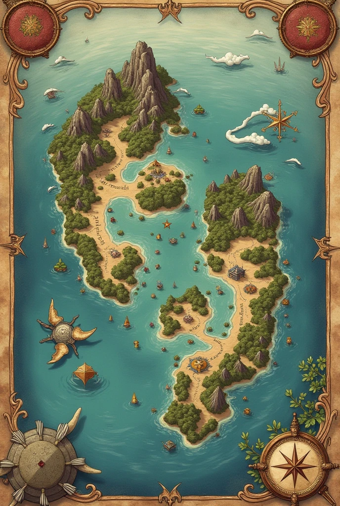 Make an artistic map, following characteristics of cartography maps, mss trying to capture more medieval and fantastic details, how to add creature to map ( these creatures must follow the traces of a map. a map CARTOGRAPHER. Por favor, do cartographer style, map itself, with 2 continents, the ocean, no details . You can redo it with a more lively style, something anime