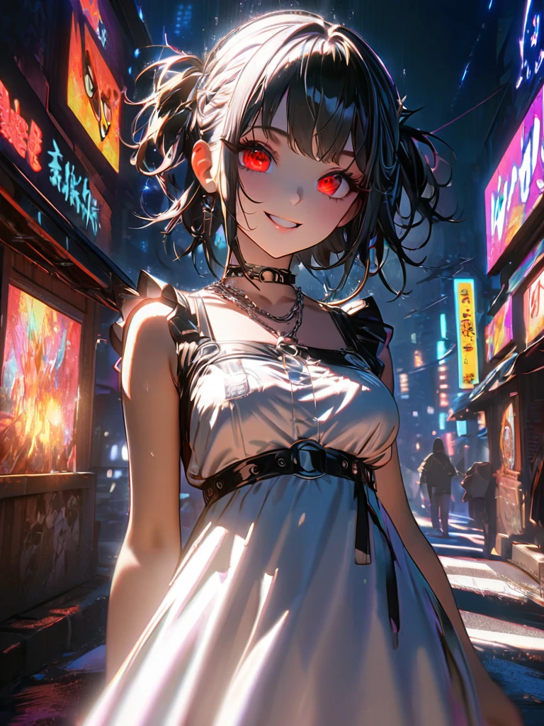 1 person, chromatic aberration, Written boundary depth, Soft Light, masterpiece, Highest quality, complicated, Tone Mapping, A place where fireworks are set off at festivals. Concept Art, Smooth, Clear focus, Dramatic lighting, Very cinematic, super practical painting, アートステーション's trending, 8k, Incredible Shadows, practical, whole body, View, Viewers, Portrait of a Girl 1, standing on street corner, Heavy rain and lightning、Dark Sky, neon and cyber punk background, she is dressed in punk clothing with silver chains and silver spikes, Her hair was dyed a bright black color..........Ominous aura of light, smile, punk, ciber punk, Backlight.Fashionable clothes、Friendly dress code:wearing cute white dress.My breasts are a little big.Beautiful red eyes