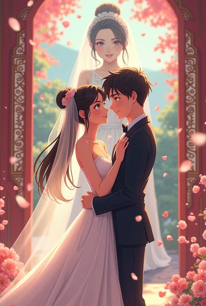 Anime girl and boy married, evil ugly sister in law in the background