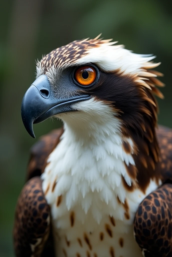 An Osprey bird facing towards the camera , eyes focused on prey outside the frame, close up view of the head , eyes looking beside the camera slightly away from direct gaze at camera,