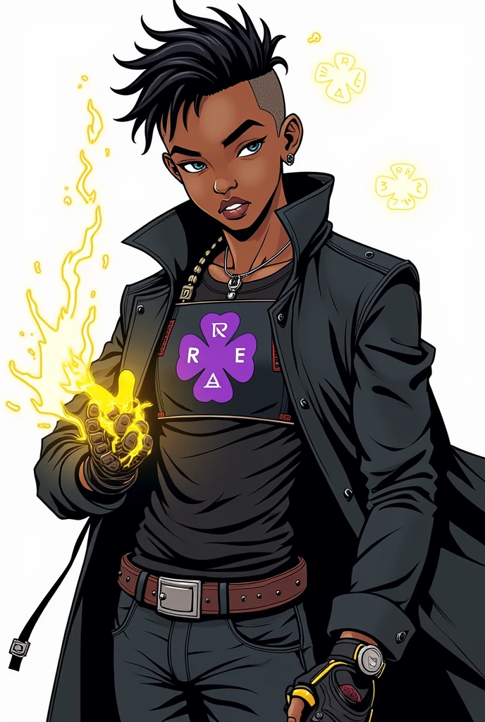 A black teenager with short punk mohawk dreadlocks wearing a hero costume made of leather and black kevlar vest with a dark purple four-leaf clover printed on the chest, magic gloves with yellow glowing runes, a black trench coat in a 90s goth punk hero pose. Fundo branco Comic book 2d style