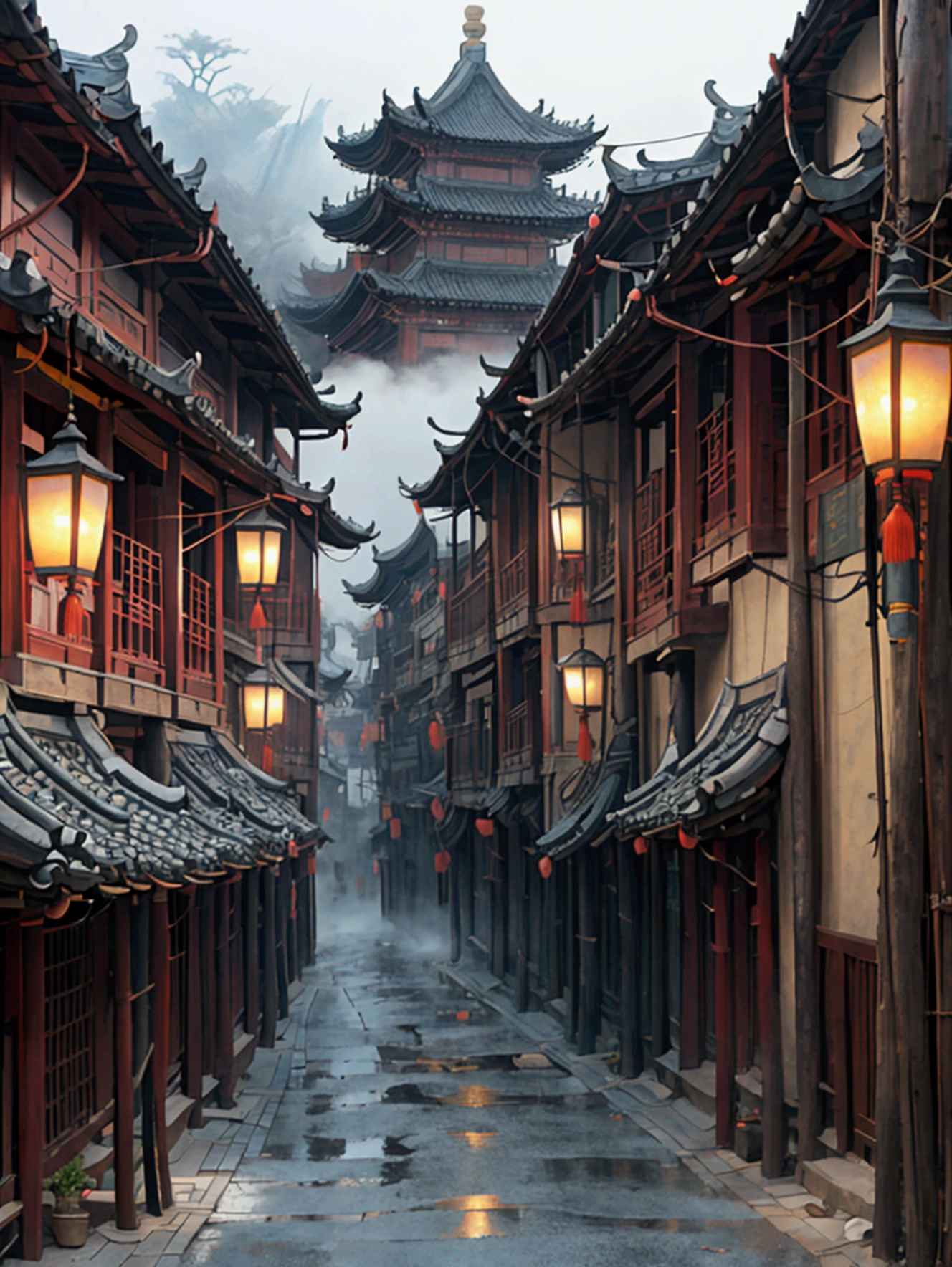 an asian village street with trees and buildings in the middle of a foggy, dreamy chinese town, chinese village, old asian village, misty alleyway, chinese architecture, mists, very beautiful matte painting, chinese landscape, amazing exquisite matte painting, by Wang Fu, by Shang Xi, chinese fantasy, beautiful mattepainting, mist below buildings, The sky was still raining down