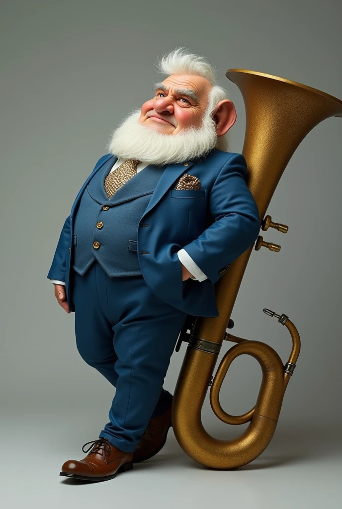 Snow White's grumpy dwarf from the Seven Dwarves in a blue suit and leaning on his tuba