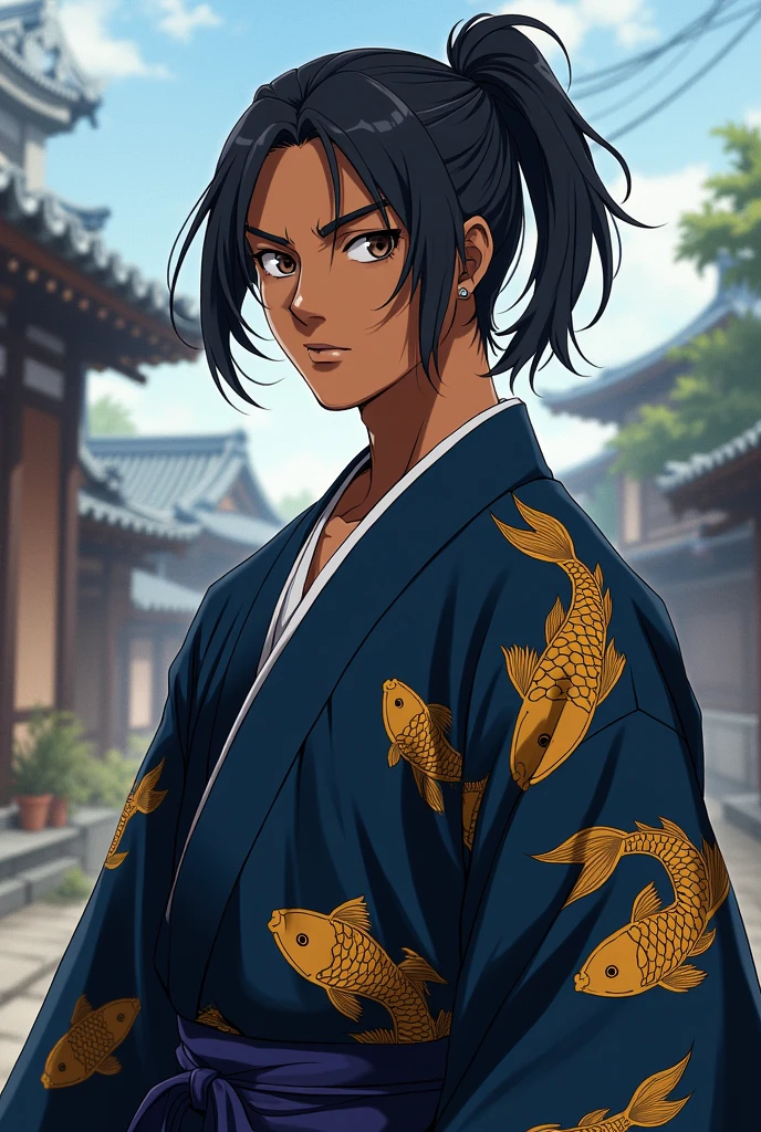 Male character Teenager with brown skin and black hair pulled back, dark brown eyes, wearing a dark blue kimono with a gold fish print, demon slayer anime style