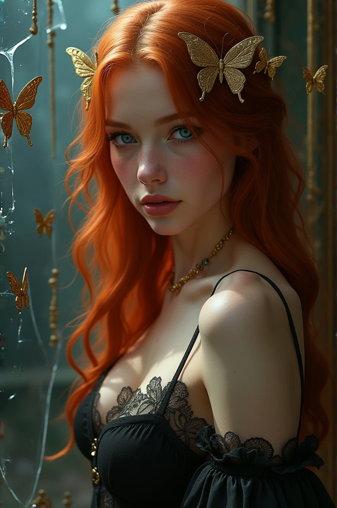 (solo, full body photo:1.3), (action packed:1.3), (haze, fog, mist:1.3), chiaroscuro, best quality, photorealistic, 1woman, (cute), (24yo:1.2), redhead, long ginger hair highly detailed, 1700'S, digital photography, art by artgerm and ruan jia and greg rutkowski surreal painting gold butterfly filigree, broken glass, (masterpiece, sidelighting, finely detailed Fashionable eyes: 1.2) (perfect oval large eyes that gazes at the viewer), beautiful detailed face, blue gorgeous perfect eyes, (blonde hair ponytail), (attractive young woman:1.3), (thick amazing hair), (seductive:1.1), (blushing:1.1)