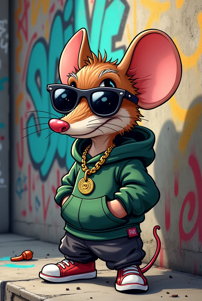 Create a cartoon style caricature of a mischievous mouse with sunglasses doing graffiti and put clothes on him like a rapper