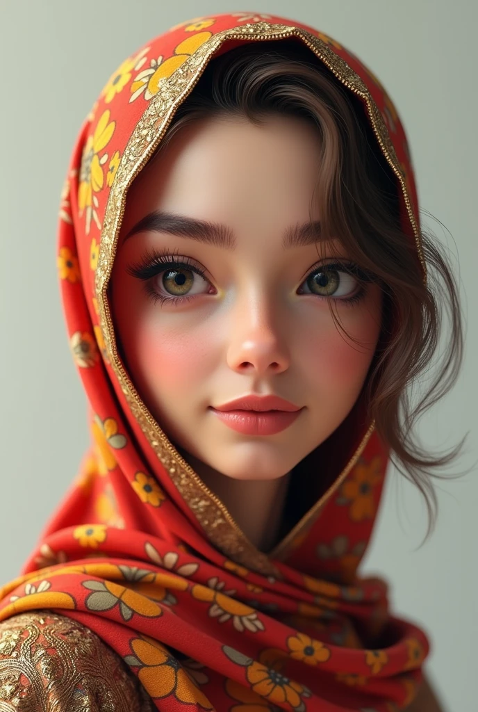 A emma myers,,perfect eyes,with elegance colourful hijab,medium body,eyes wink expression,,pm, 3d render