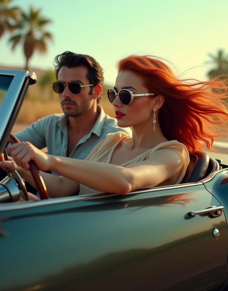 distant view, looking from behind, ((sideview)), couple, man with black hair and sunglasses, beautiful redhead woman with sunglasses, red lipgloss stick, driving vintage convertible car, visual retro, car with satin black color and satin bronze details, cinematic look , gorgeous  woman, 1970s style clothing, hair loose in the wind, speed