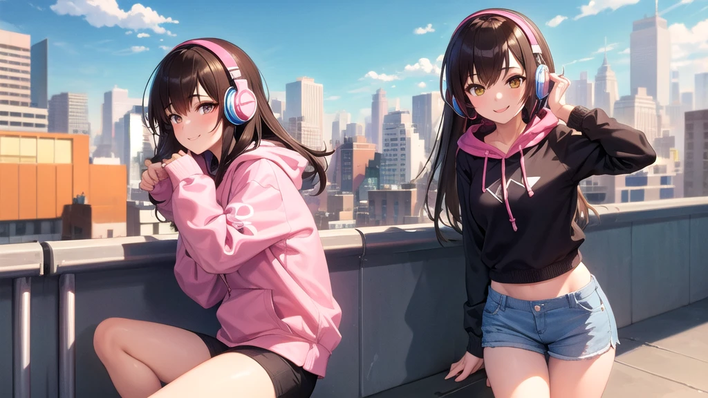 1girl, long brown hair, pink oversized hoodie, shorts, best quality, 8k quality, sunny sky, city downtown, new york city, chilling, headphones, listening to music, smile, alone
