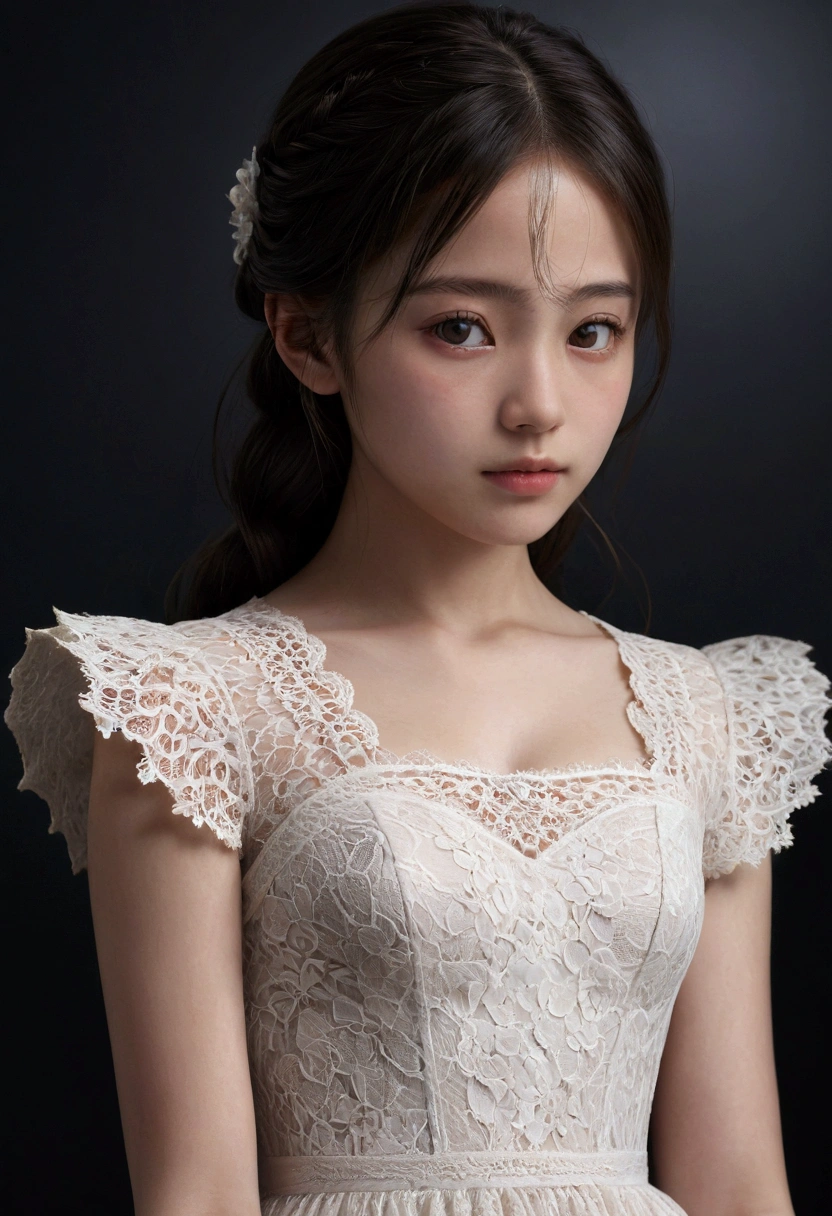 best quality, masterpiece,intricate detail, depth of field,highest quality,extremely detailed,high res,4k,ultra high res,detailed shadow,ultra realistic,realistic,dramatic lighting, 1girl, solo,detailed face,detailed eye,realistic skin,narrow waist,lace, lace trim,dress,delicate pattern, intricate detail,