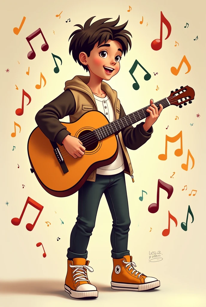 Full body cartoon boy with super short hair and wearing white long sleeve button down shirt, black pants, beige jacket with dark brown sleeves,With mustard-colored high-top shoes .An acoustic guitar in his right hand. Musical notes everywhere
