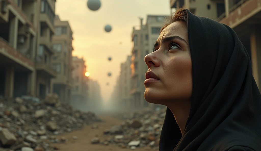 2024; (masterpiece, best quality) destroyed city (Bagdá)1sad woman looking up(close-up); bombs falling from the sky.