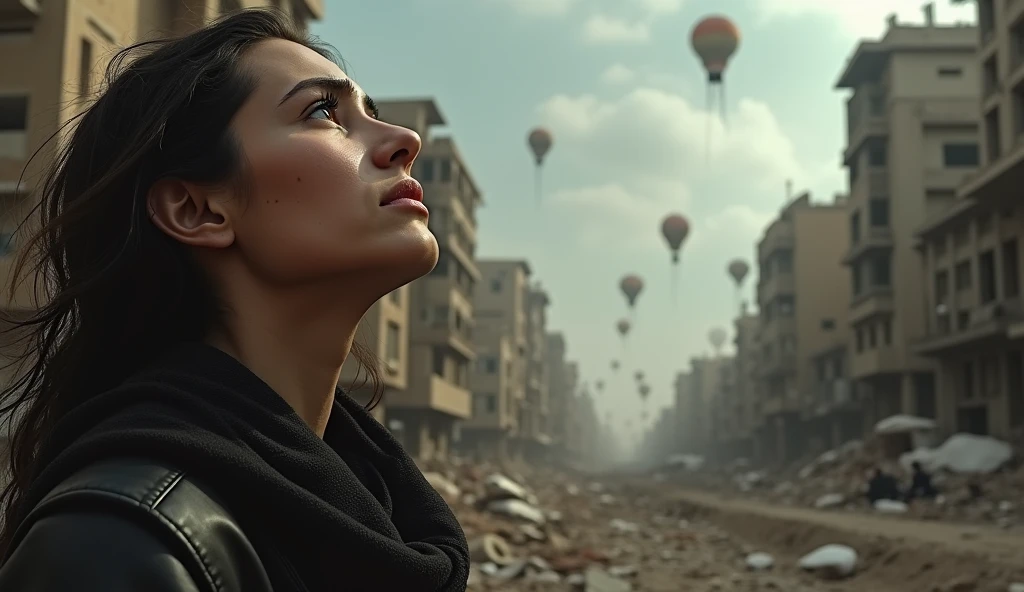 2024; (masterpiece, best quality) destroyed city (Bagdá)1sad woman looking up(close-up); bombs falling from the sky.