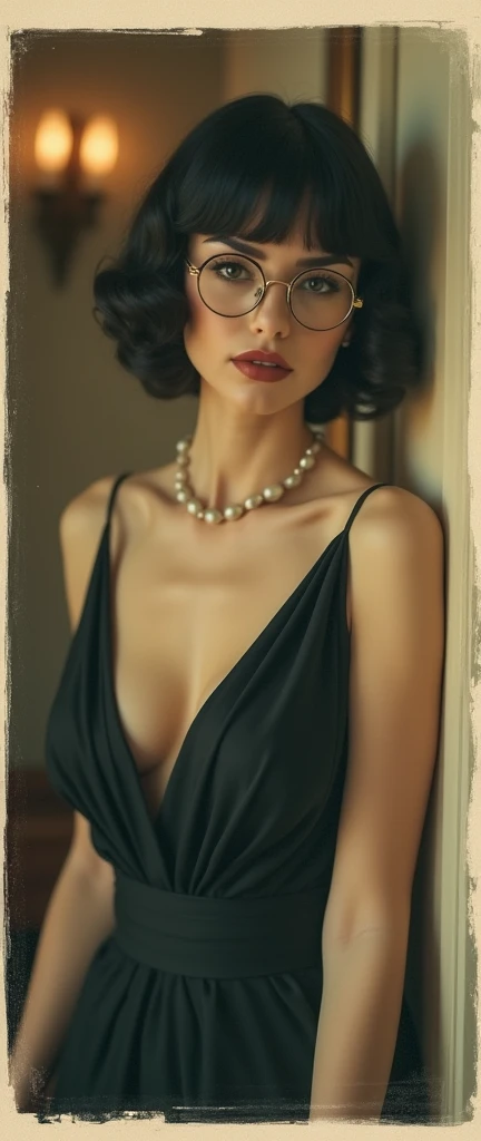 low quality a woman, 1920s style, polaroid camera frame, sophisticated, trophy wife, femme fatale, female, formal dress, bangs hairstyle, formal posture, very exquisite, quaint, elegant, glasses