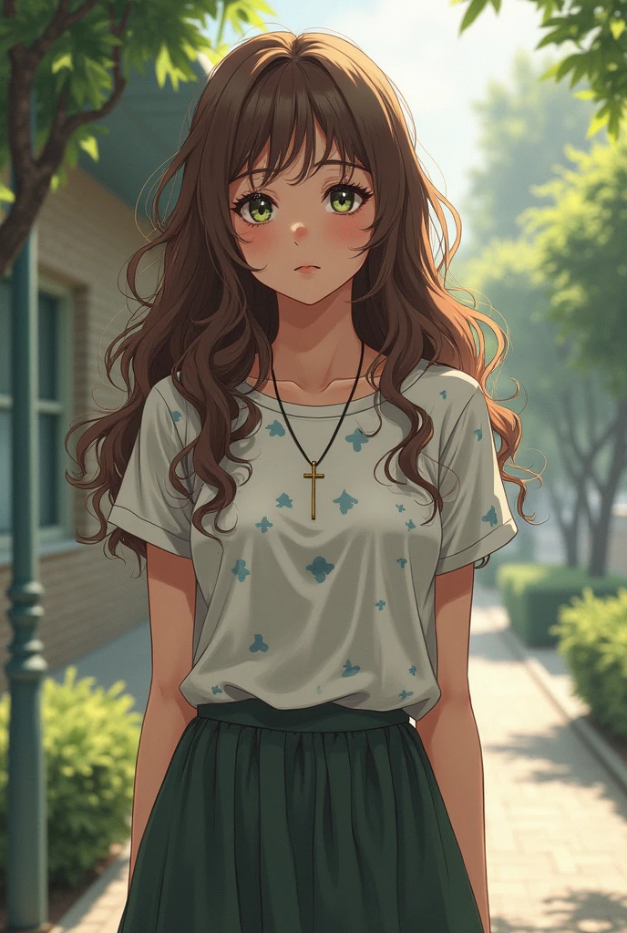 Une lycéenne habillée d'un tee-shirt à motifs et d'une très longue jupe, aux longs cheveux bruns bouclés et épais, et aux yeux marron-vert, avec une croix autour du cou et un peu de surpoids. (Style réaliste/manga)