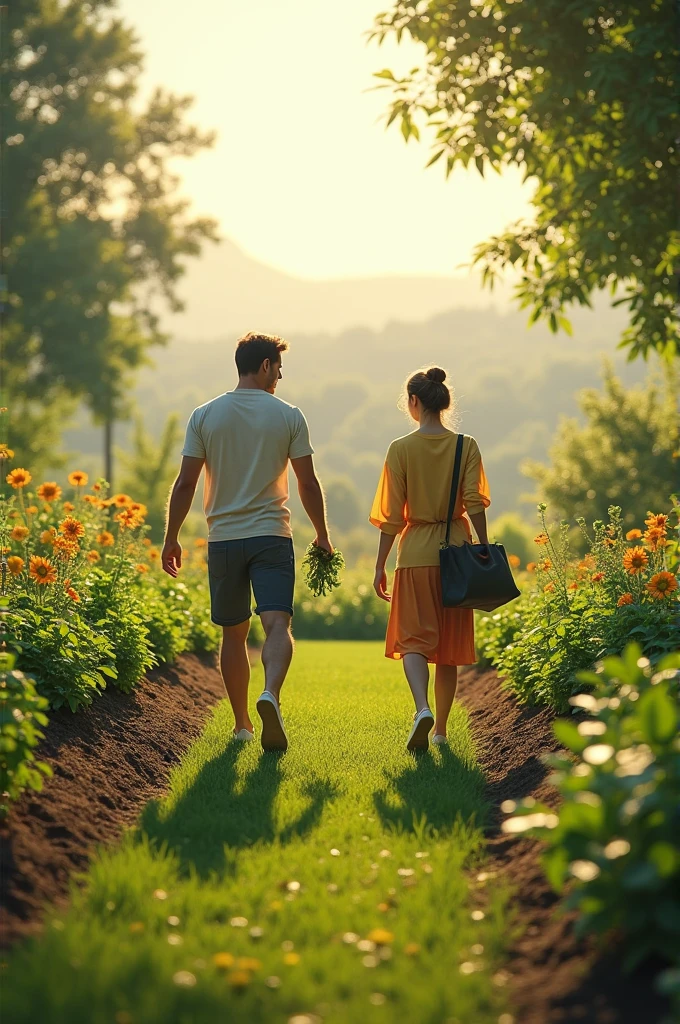 Generate image of a couple tending a garden.