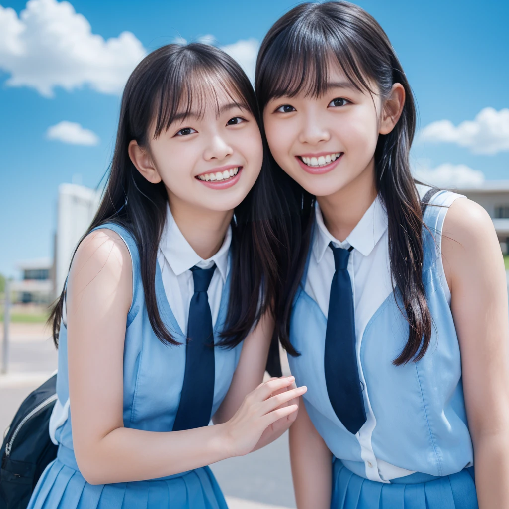 (RAW Photos, Highest quality), (Realistic, Like the picture: 1.3),Accurate Fingers,Two Women,summer,blue sky,Light of the sun, School,Schoolyard,high school girl,school uniform,Laughter,Showing teeth,Vision,Black Hair,Bob Hair,whole body