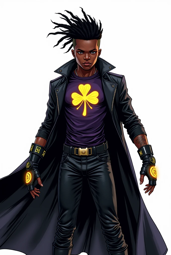 A black teenage boy with short punk mohawk dreadlocks wearing a hero costume made of leather and black kevlar vest with a dark purple four-leaf clover printed on the chest, magic gloves with yellow glowing runes, a black trench coat in a 90s goth punk hero pose. Fundo branco Comic book 2d style