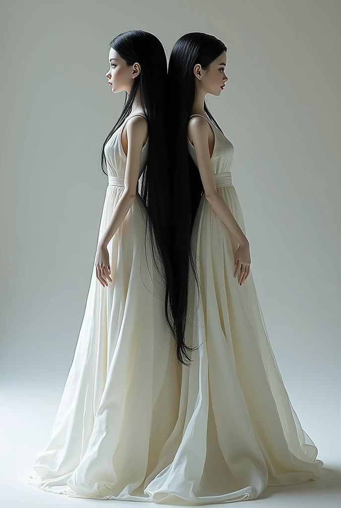 Create a back-to-back doll like those from 2019 with long black hair, white skin and a flared dress