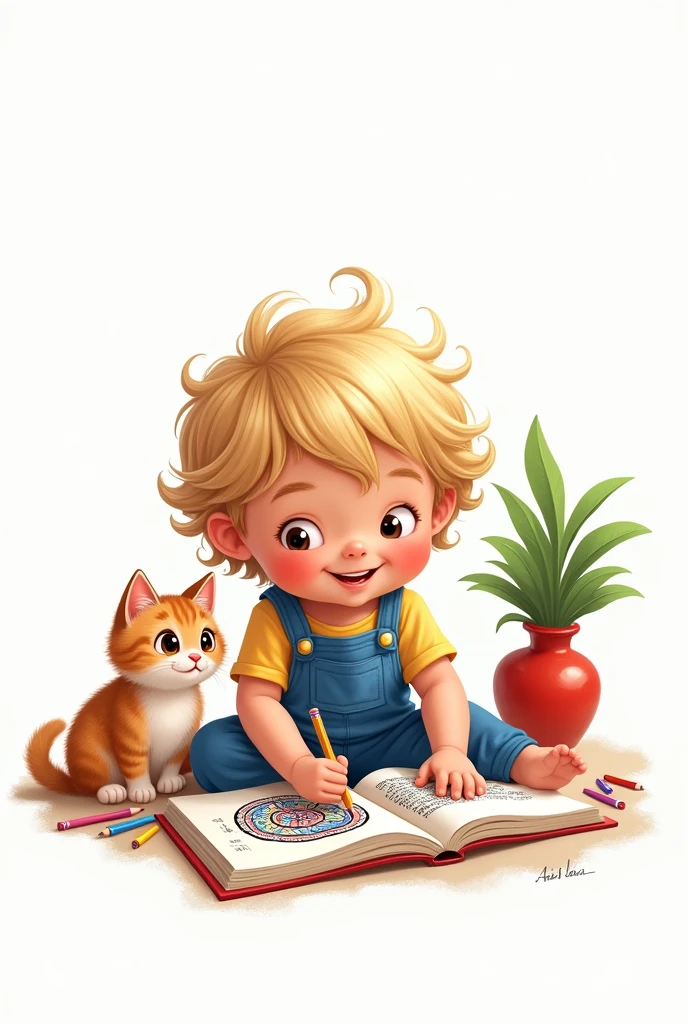in painting 2d style. a child with blond wavy hair and dark brown eyes with blue overall is coloring a childish mandala in the coloring book. with color pencils. the back ground is white. there is a cat next to the child. the child is happy. there is a red vase with green plant in the back on ground